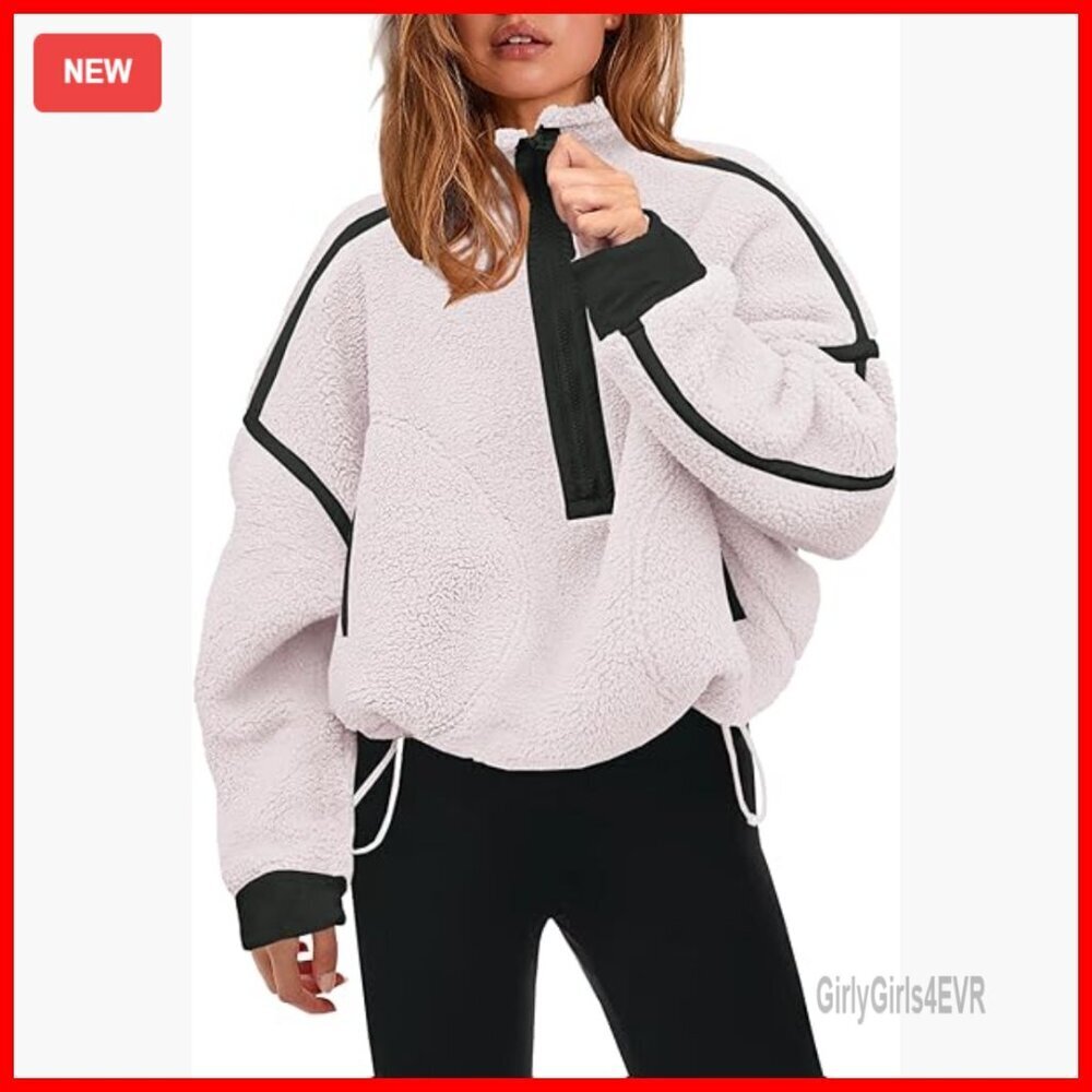 Oversized Half Zip Sherpa Fleece Pullover with Pockets Warm Fuzzy Sweater